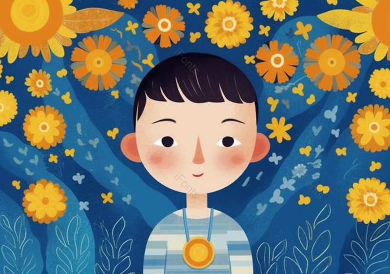 简约蓝色背景黄色花朵儿童节节日可爱小孩男孩一个人奖牌简约背景插画,插画/手绘图,插画/手绘图库,插画/手绘图下载,插画/手绘